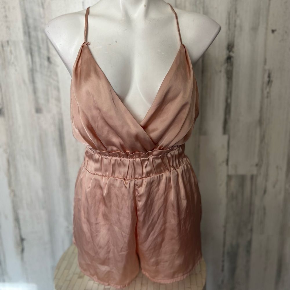 Fashion Nova Rose Gold Satin Romper Womens Size Small S Cross Back Cami Pockets